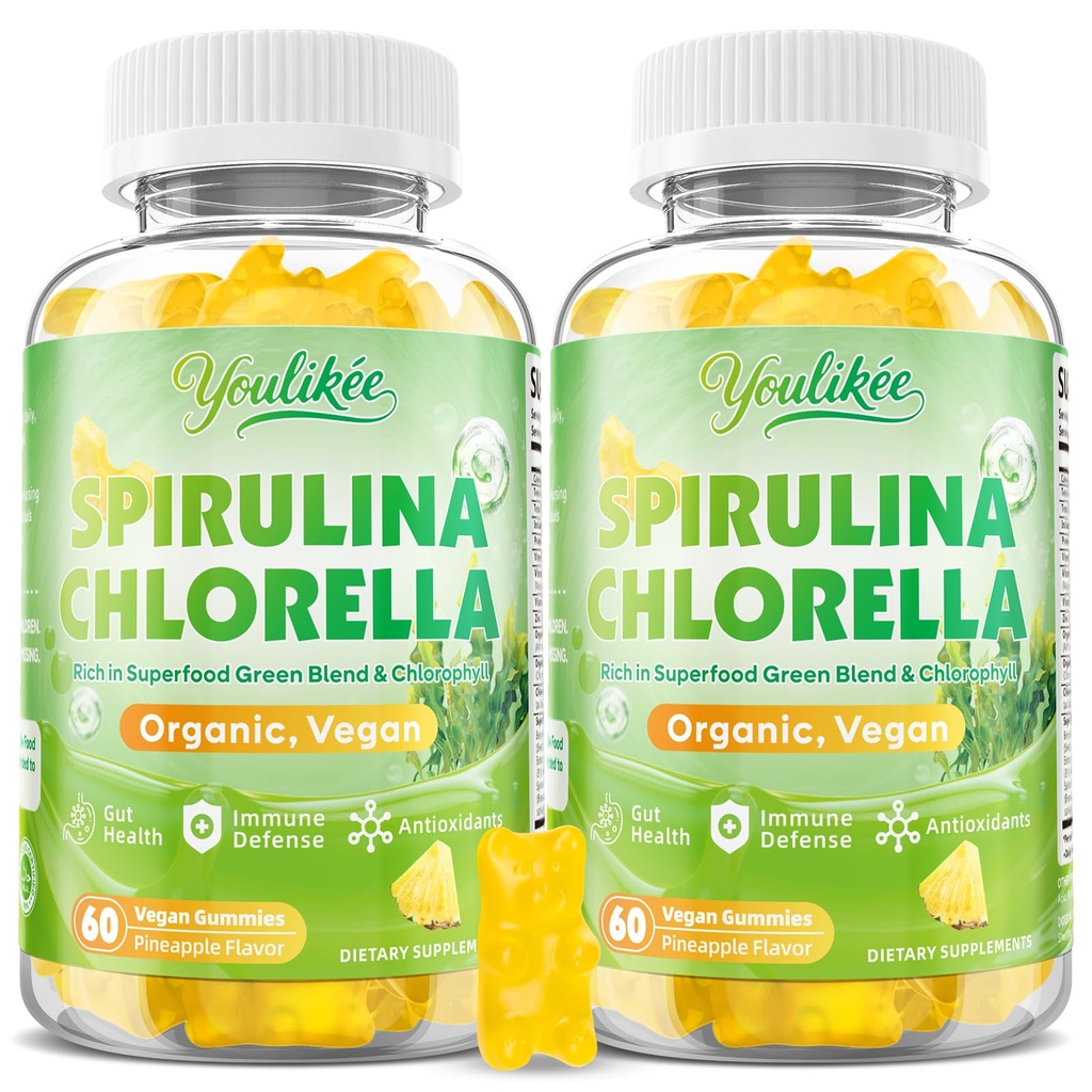 2 Pack Organic Spirulina Chlorella Gummies, Super Greens Blend with Protein, Chlorophyll, Vitamin C, D3, B12, Zinc, Support Daily Energy, Immune System & Antioxidant Intake, Pineapple Flavor, 120 Cts