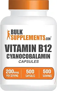 BulkSupplements.com Κάψουλες Βιταμίνης Β12 - ως Κυανοκοβαλαμίνη, Συμπλήρωμα Βιταμίνης Β, Βιταμίνη Β12 200 mcg - Ενεργειακές Βιταμίνες, Χωρίς Γλουτένη, 1 Καψάκιο ανά Σερβίρισμα, 500 Κάψουλες (Pack of 1)
