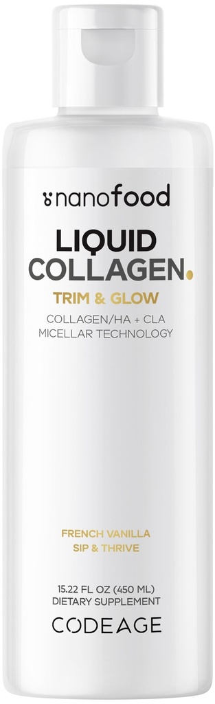 Codeage Liquid Collagen Supplement Vanilla Flavor, Beauty Trim & Glow Liposomal Collagen,, CLA Conjugated Linoleic Acid, Hyaluronic Acid, E, Hydrolyzed, Non-GMO, 15.22 fl ozz