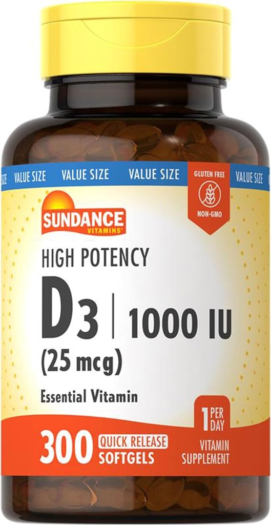 Sundance Vitamin D3 1000 IU | 300 Softgels | Yüksek Potency | Essential Vitamin Formula | Non-GMO ve Gluten Ücretsiz Supplement