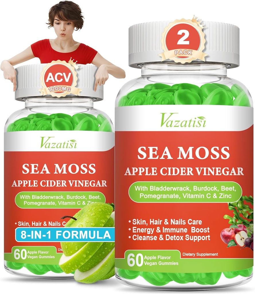 2 Pack μηλίτη μηλίτη λεύκανση, ACV με γκοφρέτες θαλασσινού μοσσού για το μεταβολισμό, digetion, Detox, Gut & ανοσοποιητική υγεία, Apple Γεύση -120 κόμης