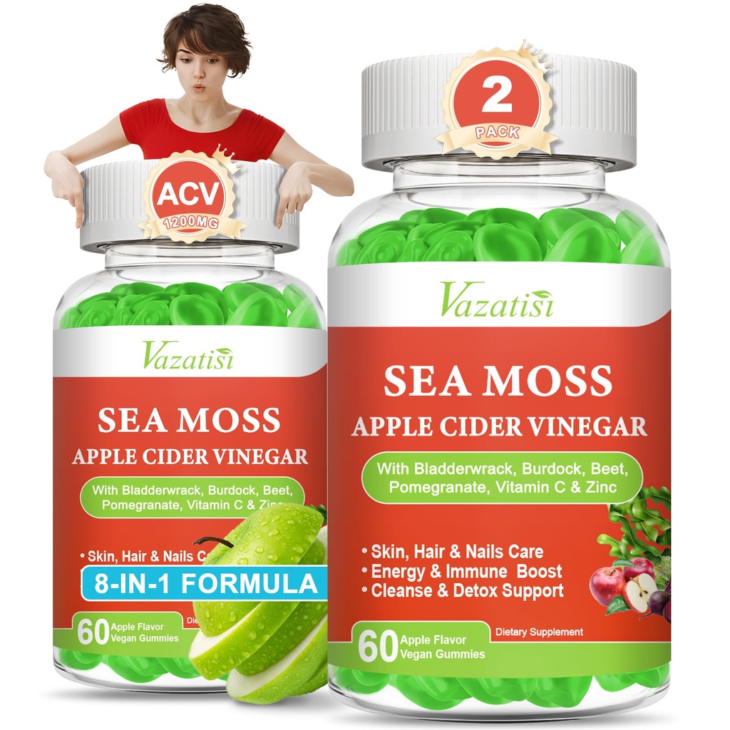 2 Pack μηλίτη μηλίτη λεύκανση, ACV με γκοφρέτες θαλασσινού μοσσού για το μεταβολισμό, digetion, Detox, Gut & ανοσοποιητική υγεία, Apple Γεύση -120 κόμης