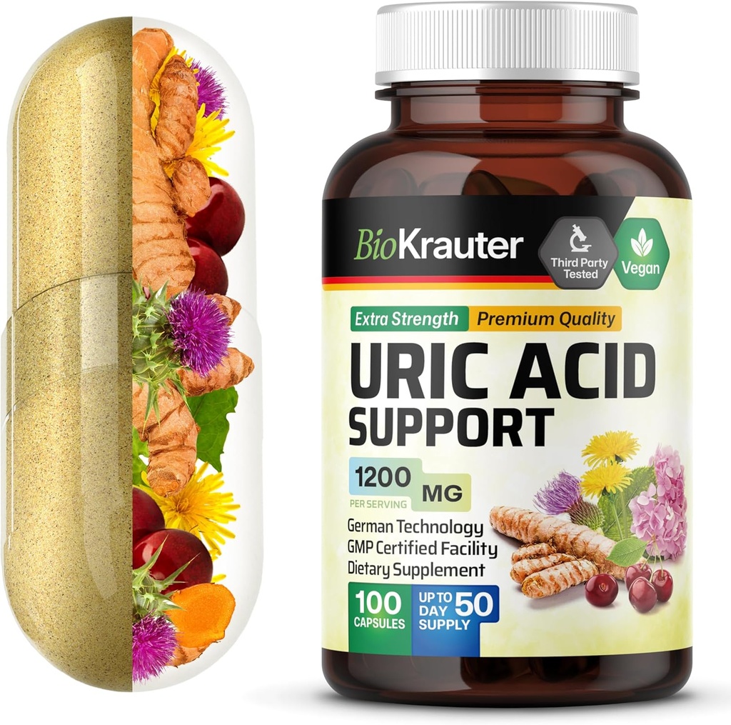 BIO KRAUTER Κάψουλες υποστήριξης ουρικού οξέος 1200 mg Blend - 100 Count - συμπλήρωμα νεφρών w/Tart Cherry 10:1 Extract - εκχύλισμα γαϊδουράγκαθου γάλακτος & κουρκουμά - Vegan