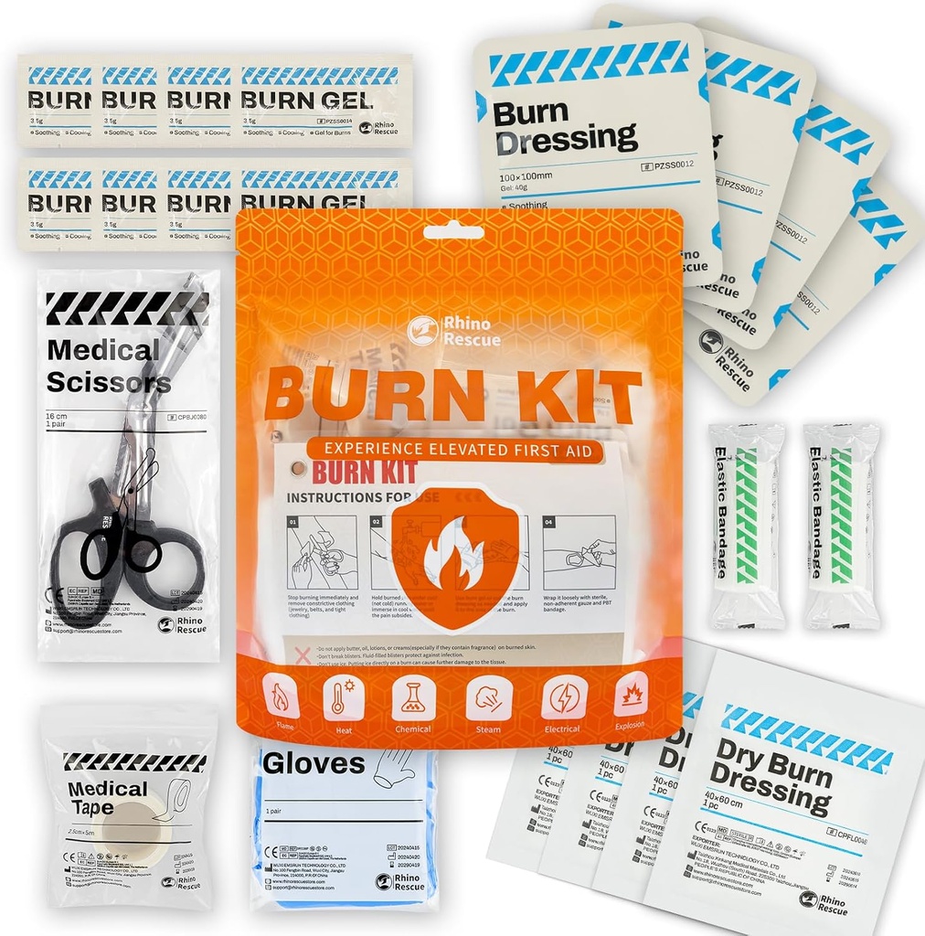 RHINO RESCUE Burn Kit, 4round Burn Dressings 4x4", 8ay Burn Gel Packets 3.5g, 4ay Burn Pads, First Aid Kit Soğutma Soothing Cream Relief with Bandage, nile Gloves, Scisors, Tape, HSA/FSA Eable