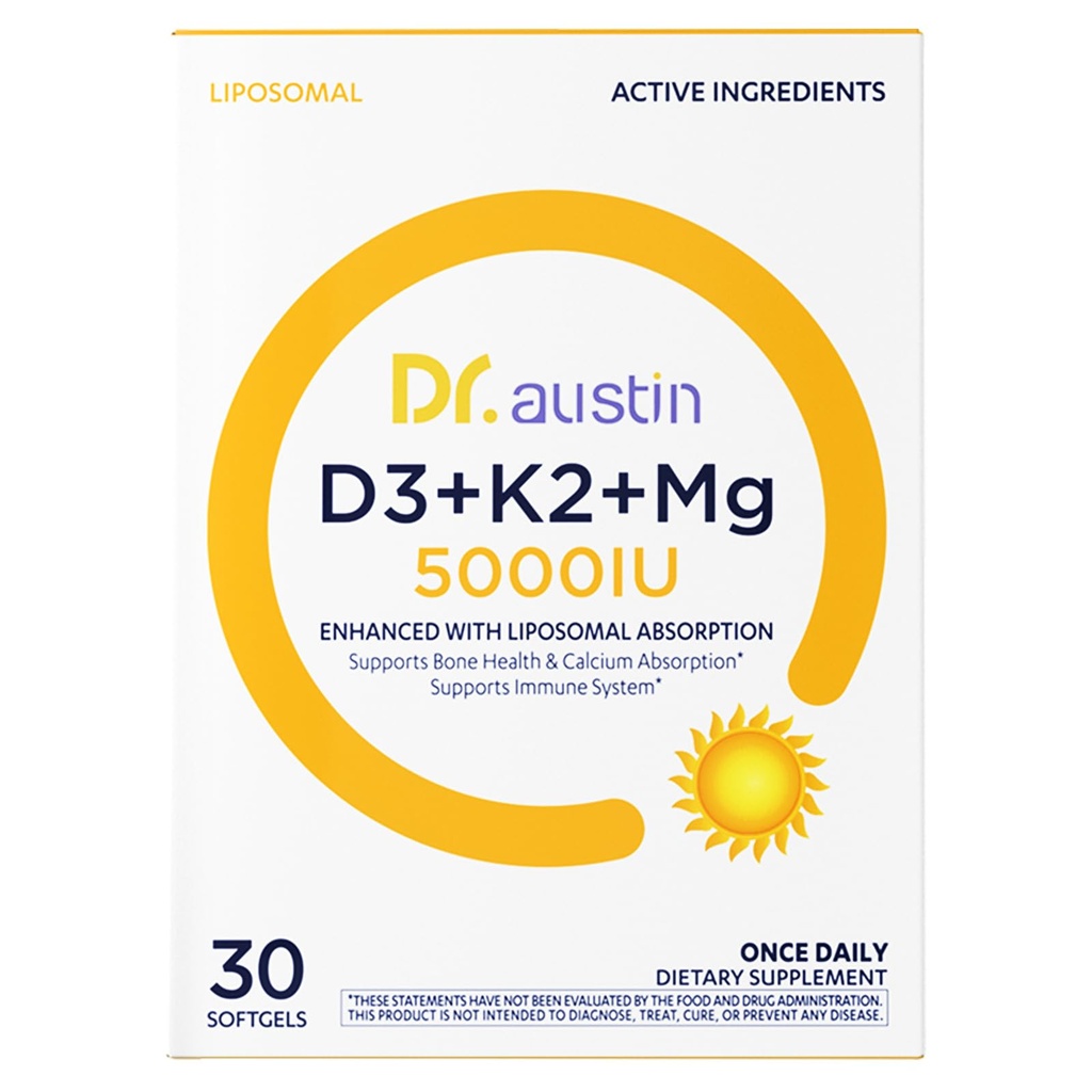 Dr. Austin Liposomal Vitamin D3 5000IU with K2 & Magnesium | Nano Targeted Delivery for High Absorption | Prenatal & Daily Immune Support | 30 Softgels