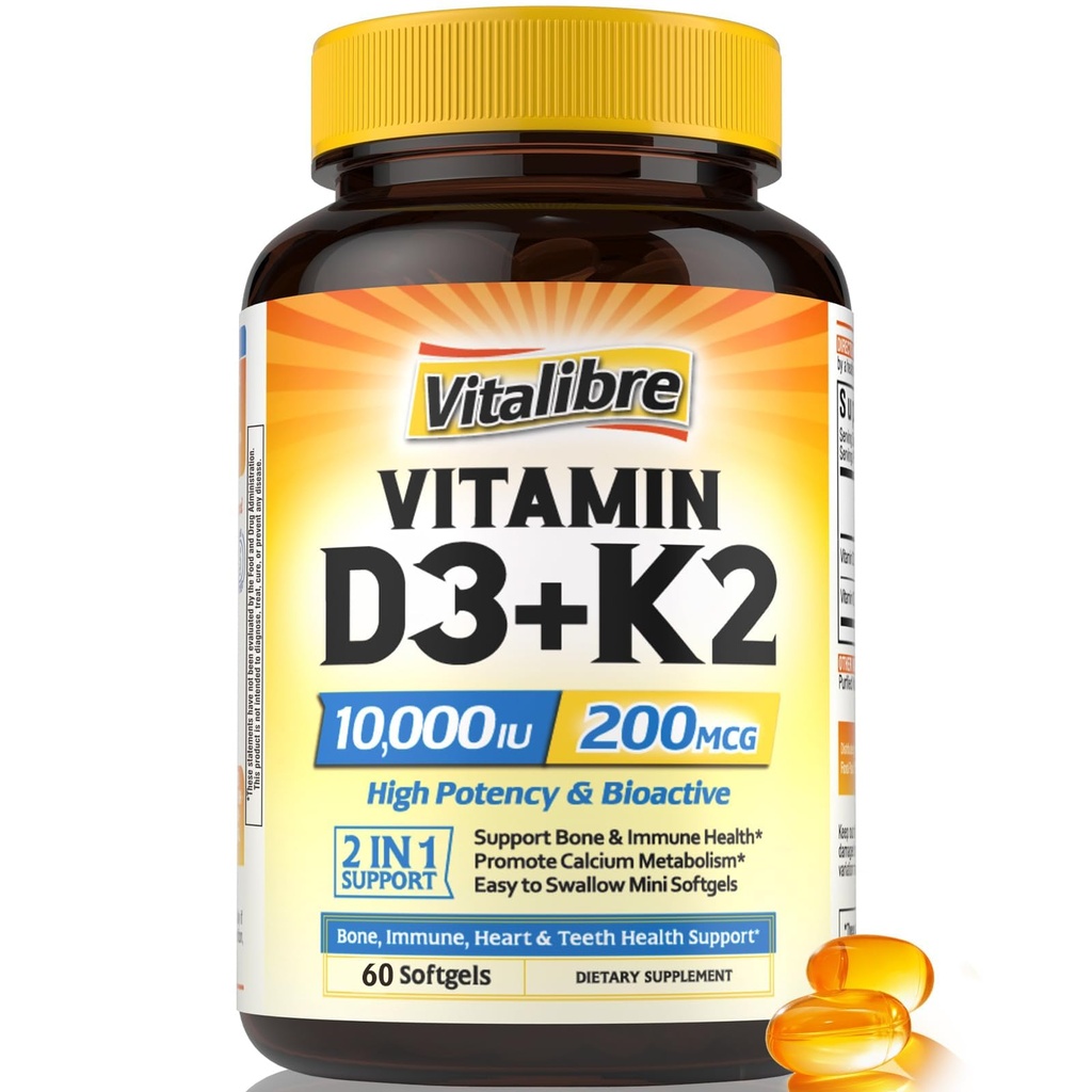 Vitalibre Vitamin D3 K2 Supplement, 10000 IU D3 / 200 mcg K2 MK7, Calcium Absorption, Bone, Heart, Immune & Mood Support, Enhanced Absorption, No Soy, Easy to Swallow, 60 Softgels