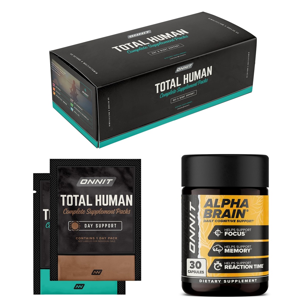 ONNIT Premium Alpha Brain Sche - Nootropic Brain Supplement (30 Count) for Focus, Concentration & Memory + Total Human Day and Night Vitamin Packs for Men and Women (30-Day Supply)