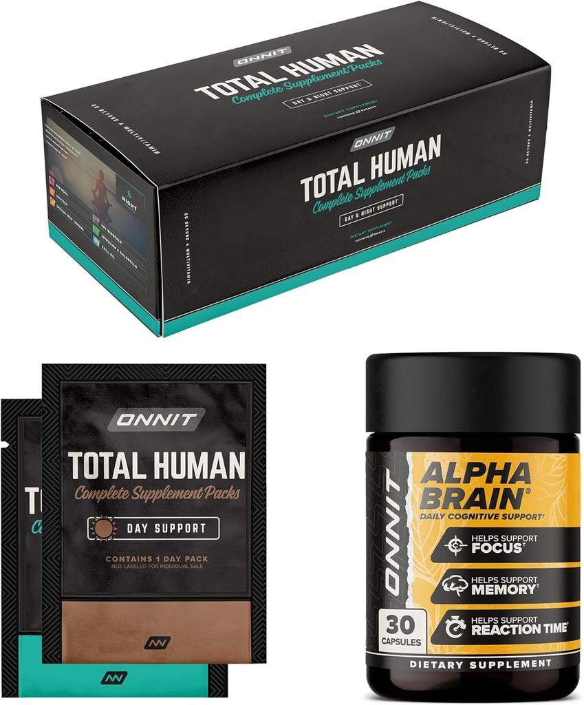 ONNIT Premium Alpha Brain Sche - Nootropic Brain Supplement (30 Count) for Focus, Concentration & Memory + Total Human Day and Night Vitamin Packs for Men and Women (30-Day Supply)