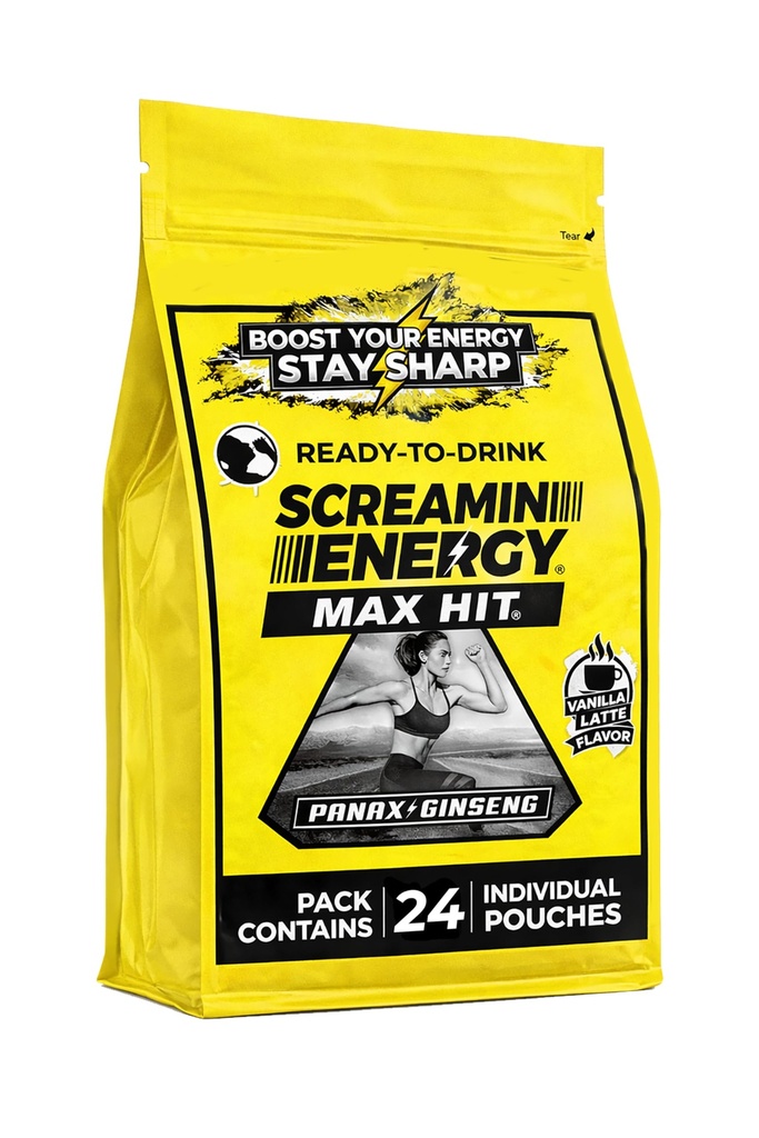 Screamin Energy Sugar Free Vanilla Latte Energy Shots, 24 Count | Ready-to-Drink Caffeine Pouches with Panax Ginseng and B Vitamins