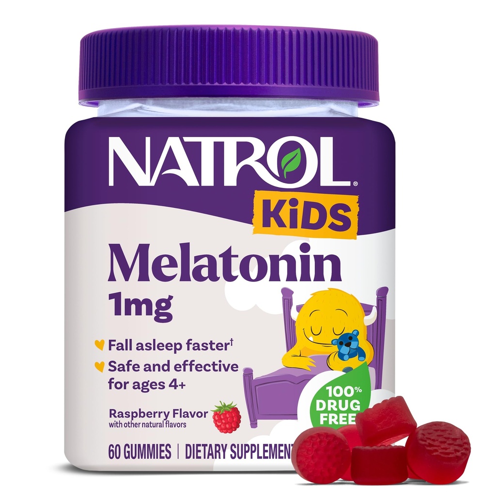 Natrol Kids Melatonin Gummies 1mg, Çocuk Melatonin for Restful Sleep, 60 Raspberry-Flavored Sleep Gummies, 60 Day Supply