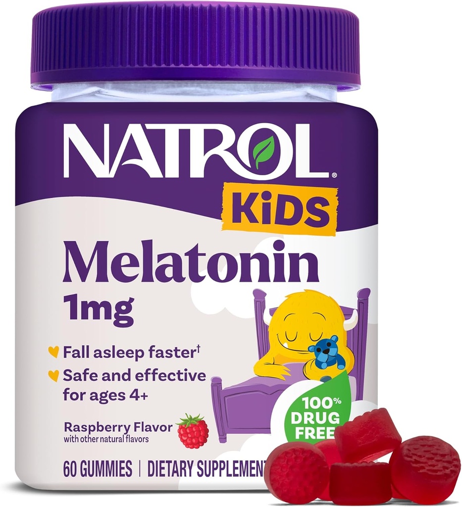 Natrol Kids Melatonin Gummies 1mg, Çocuk Melatonin for Restful Sleep, 60 Raspberry-Flavored Sleep Gummies, 60 Day Supply