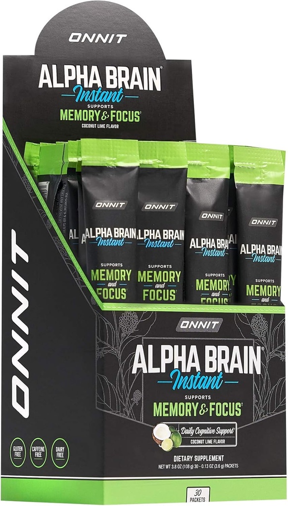 ONNIT Alpha Brain Instant - Coconut Lime Flavor - Nootropic Brain Booster Memory Supplement - Εγκεφαλική Υποστήριξη για Εστίαση, Ενέργεια & Καθαρότητα - Alpha GPC Choleine, Cats Claw, L-Theanine, Bacopa - 30ct
