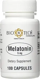 Bio-Tech Pharmacical Melatonin (5 mg), 100 Κάψουλες – All-Φυσικό συμπλήρωμα – Υποστηρίξτε τον Ύπνο, Καρδιαγγειακό, Ανοσοποιητικό, & Υγεία των Οστών – Όχι Γαλακτοκομικά, Ψάρια, Γλουτένη, Φυστίκι, Σέλινο, GMOS, & Σόγια – Όχι