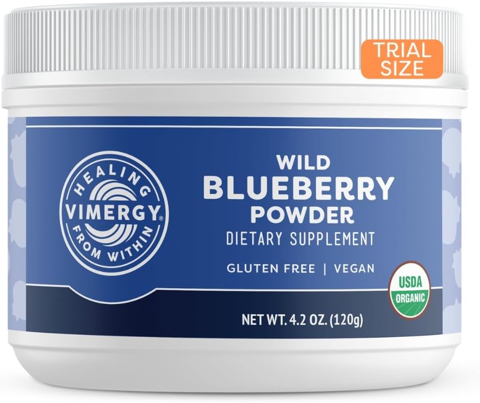 Vimergy Wild Blueberry σκόνη –Προστατεύει την υγεία του εγκεφάλου * - Υποστηρίζει καρδιοαγγειακή λειτουργία * – Βιολογικό, Vegan & Gluten-Free – Μέγεθος δοκιμής 125g