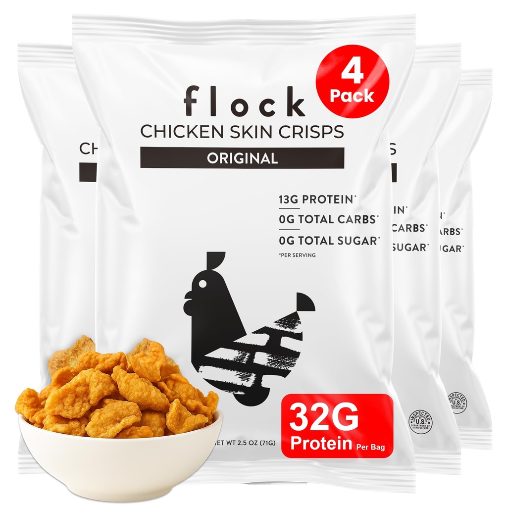 Flock Keto Chicken Skin Chips Big bags | Original Flavor | Low Carb, High Protein, Gluten-Free Chicken Crisps Large bags, Keto Snack, Protein Crackers, family size Diet Snacks, 4-Pack (2.5oz)