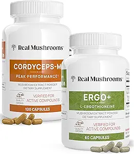 Real Mushrooms Ergothioneine (60ct) and Cordyceps-M (120ct) Bundle with Shiitake and Oyster Mushroom Extracts - Longevity and Energy - Vegan, Gluten Free, Non-GMO - Φυσική υποστήριξη για υγιή γήρανση
