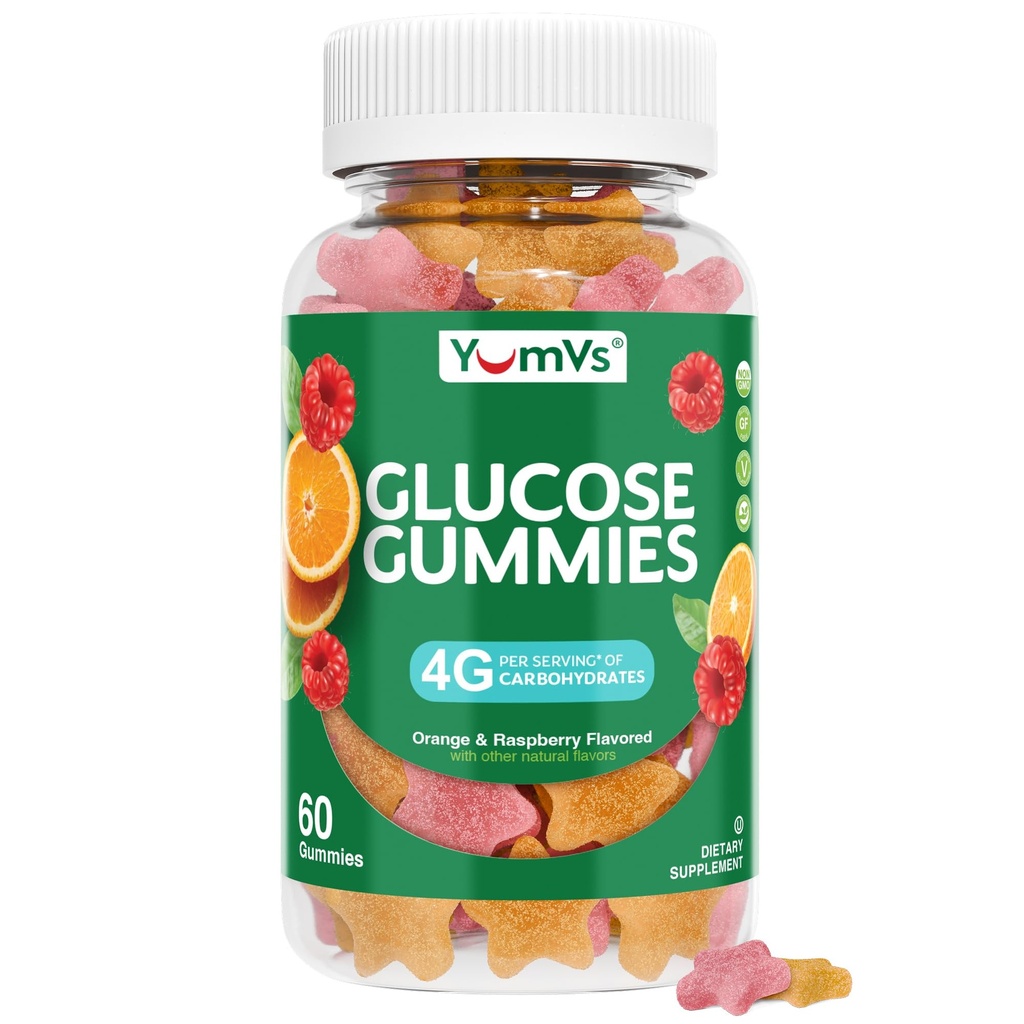 YUM-V'S Glucose Gummies – Fast Acting Glucose Gummy – Great Tasting – Gluten Free, Vegan, Non-GMO – Orange & Berry Natural Flavor – 60 Chewable Gummies for Yetişkinler & Kids