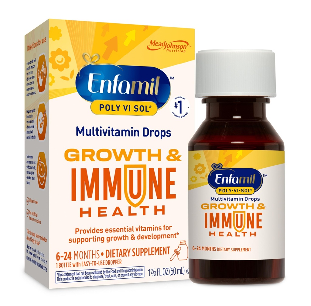 Enfamil Poly-Vi-Sol Liquid Multivitamin Drops, Υποστηρίζει την ανάπτυξη & ανοσοποιητική υγεία *, 50mL μπουκάλι