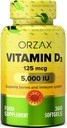 ORZAX Vitamin D3 5000 iu (125 mcg) – Non-GMO, Gluten Free, Sugar Free, Dairy Free – 1 Yıl Güçlü Kas Fonksiyonu ve Immune Support – Mood Supplement for Wellness (360 Softgel)