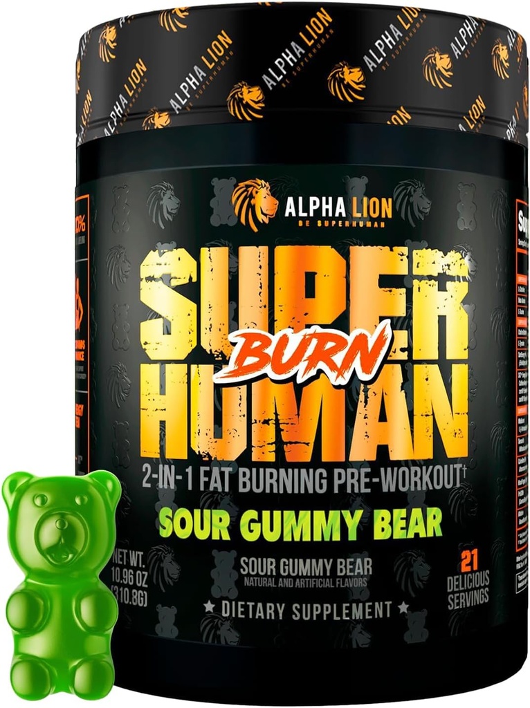 ALPHA LION Superhuman Burn – 2 in 1 Μεταβολισμός Booster Προ προπόνησης και θερμογόνος καύση λίπους για τους άνδρες – Appetite Suppressant and Weight Loss Supplement (21 Servings, Sour Gummy Bear)