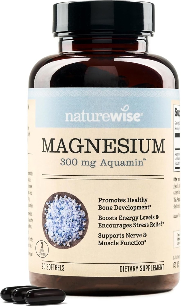 NatureWise Υψηλή Απορρόφηση Θαλάσσιο συμπλήρωμα μαγνησίου 300mg - Φυσικώς πηγασμένο μαγνήσιο από θαλασσινό νερό - Μη ΓΤΟ, ΗΠΑ Κατασκευάζεται - 90 Softgels[1-Month Supply]