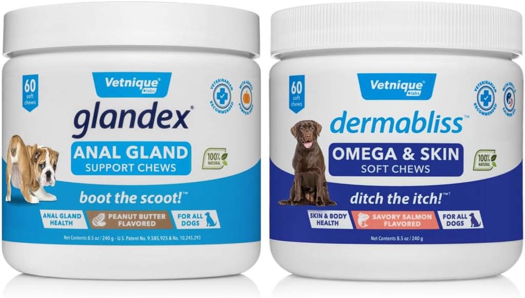 VETNIQUE Dermabliss Omega & συμπλήρωμα δέρματος μάσημα για τα σκυλιά (60ct) & Glandex πρωκτικό γλαύκωμα υποστήριξη φυστικοβούτυρο μαλακό μάσημα για τα σκυλιά (60ct) Bundle
