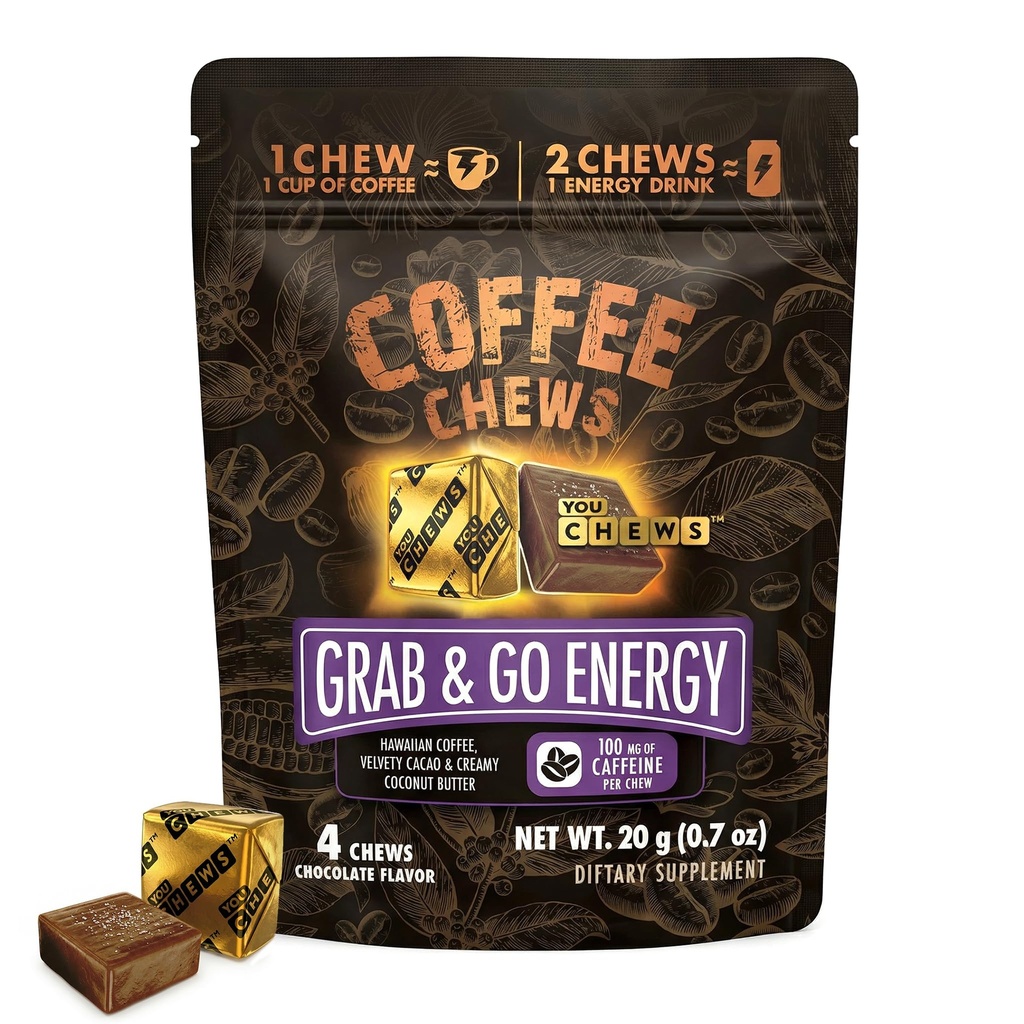 YouChews Coffee Chews - Grab & Go Energy with 100mg per Chew of Clean, Green Caffeine. With Real Organic Ingredients, Low Sugar, Great Bold Taste & Long Lasting Energy Boost (4 Count)