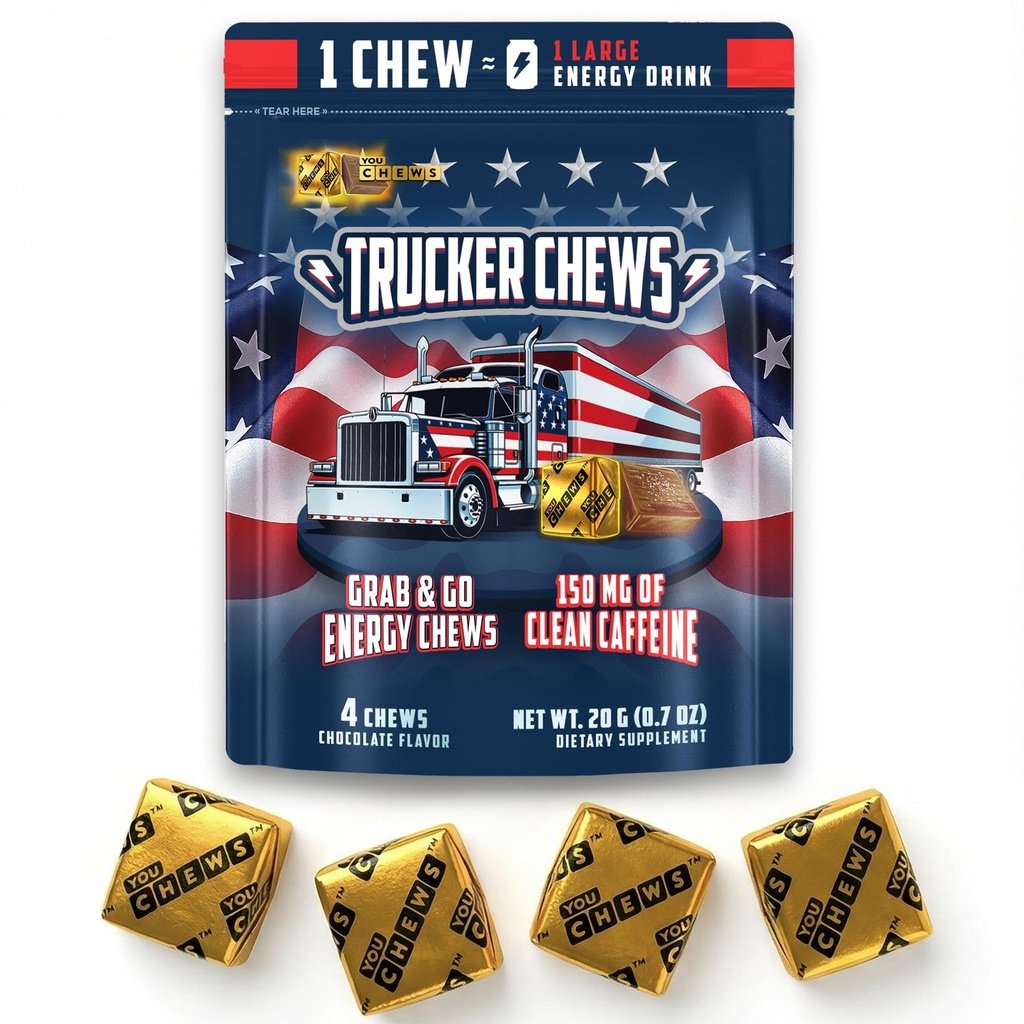YouChews Trucker Chews, Energy Bites – 150mg of Caffeine, No Jitters Grab-and-Go Energy Chews, Individually Wrapped Portable Energy Support for Long Hauls and On-the-Road Drivers, 4 Counts