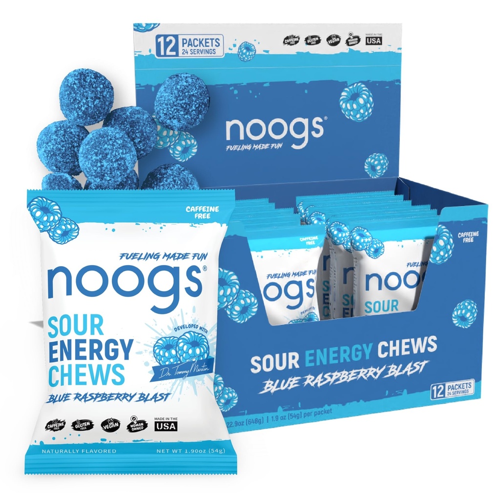 Sour Energy Chews, Blue Raspberry Blast Electrolyte Energy Gummies, Sour Candy Flavored Alternative to Running Gels, Vegan, Gluten Free & Caffeine Free | 12 Packs, 144 Gummies
