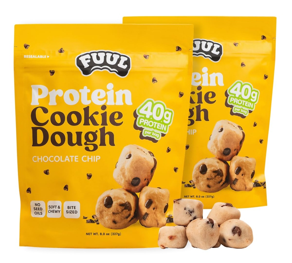 FUUL Chocolate Chip Cookie Dough Protein Bites, 2 Resealable Bags (1 lb Total) | Soft & Chewy High Protein Snack Bites, 80g Protein | No Seed Oils, Macro Friendly Pre & Post Workout Snack for Kids & Adults
