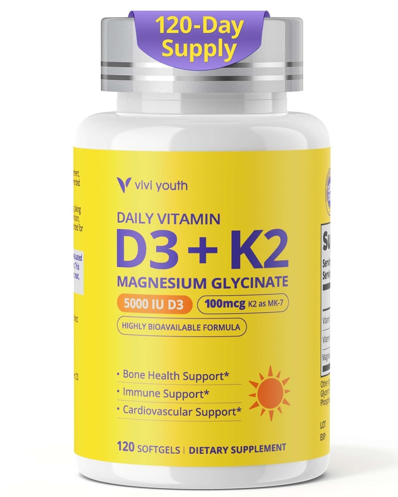 Vitamin D3 K2 5000 IU, D3 and K2 Supplements for Bone, Heart & Immune Support - Enhanced with Magnesium Glycinate - Non-GMO, Gluten Free, Soy Free Softgels, 120 Day Supply