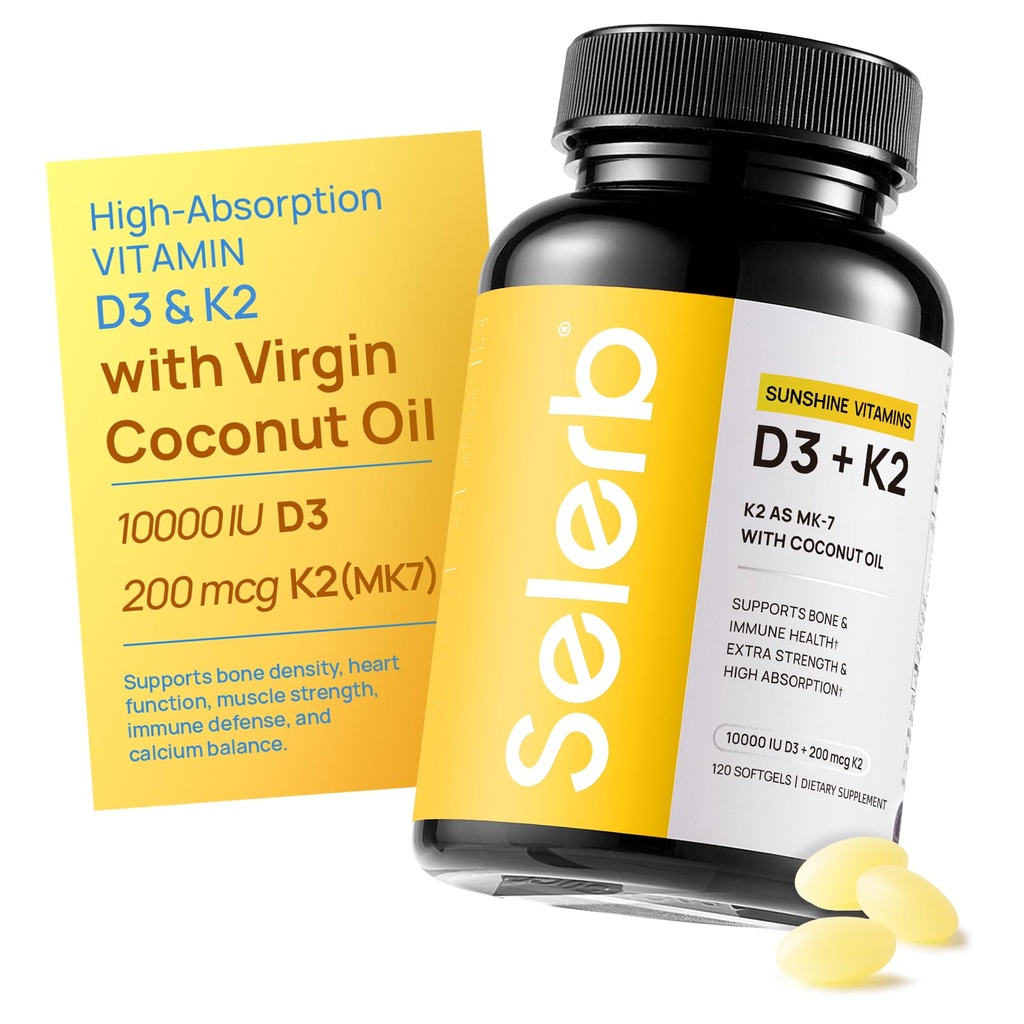 Selerb Vitamin D3 K2 with Virgin Coconut Oil -Vitamin D3 10000 IU + K2 MK-7 200 mcg Vitamin Supplement for Bone, Immune and Heart Support Easy to Swallow 120 Softgels