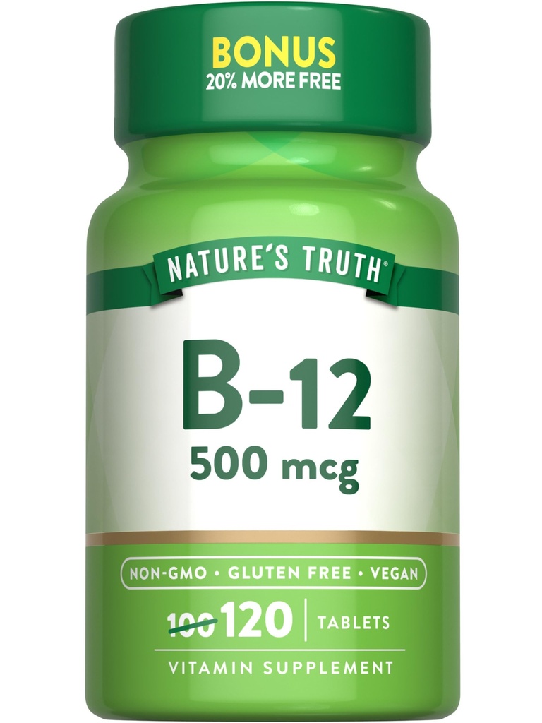 Doğanın Gerçek B12 Vitamini | 500 mcg | 120 Tablet | Vegan, Non-GMO & Gluten Free Supplement