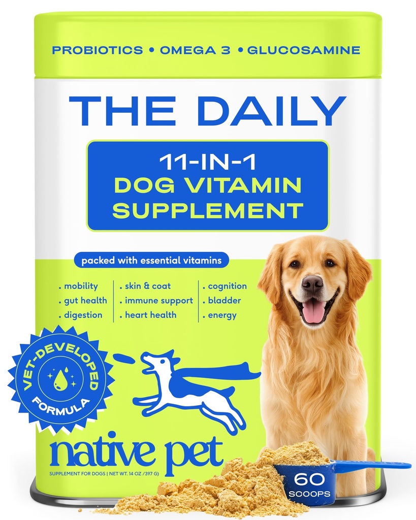 Native Pet The Daily Dog Vitamins & Supplements - 11-in-1 Multivitamin Powder for Dogs - Supports Whole Body Health, Digestion, Mobility & Immunity with Collagen, Glucosamine & Probiotics – 60 Scoops