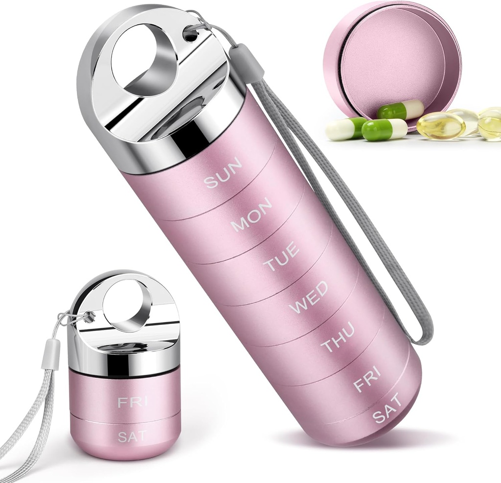 Μεταλλικό Travel Pill Organizer, Portable Weekly Pill Box, Αδιάβροχο Μεγάλο Κράμα Αλουμινίου 7 Day Vitamin Container, BPA Δωρεάν Καθημερινή Ιατρική Organizer Holder for Vitamin, Συμπλήρωμα, Fish Oil (Cute Pink)