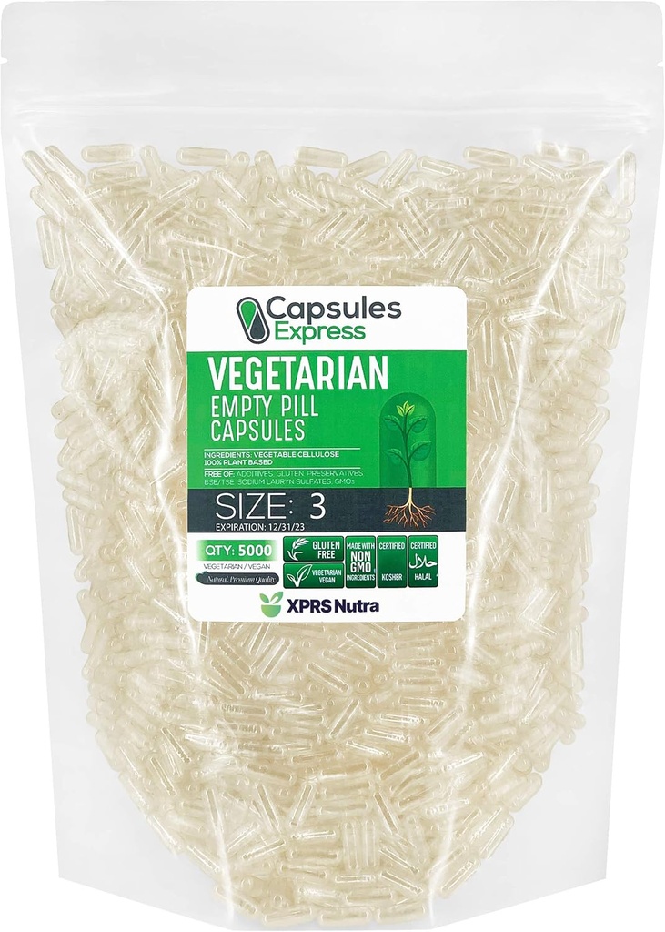 XPRS Nutra Boyutu 3 Boş Kapsüller - 5000 Kont Clear Boş Vegan Capsules - Vejetaryen Boş Pills - DIY - Veggie Pill Caps