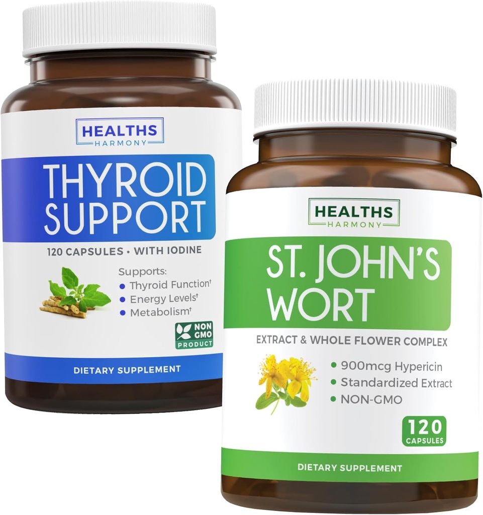 Bundle of St. John's Wort & Thyroid Support - Mood Boost & Balance Bundle - St. John's Wort (Non-GMO) with powerful 900mcg Hypericin Extract & Thyroid Support with Iodine for Energy Improvement