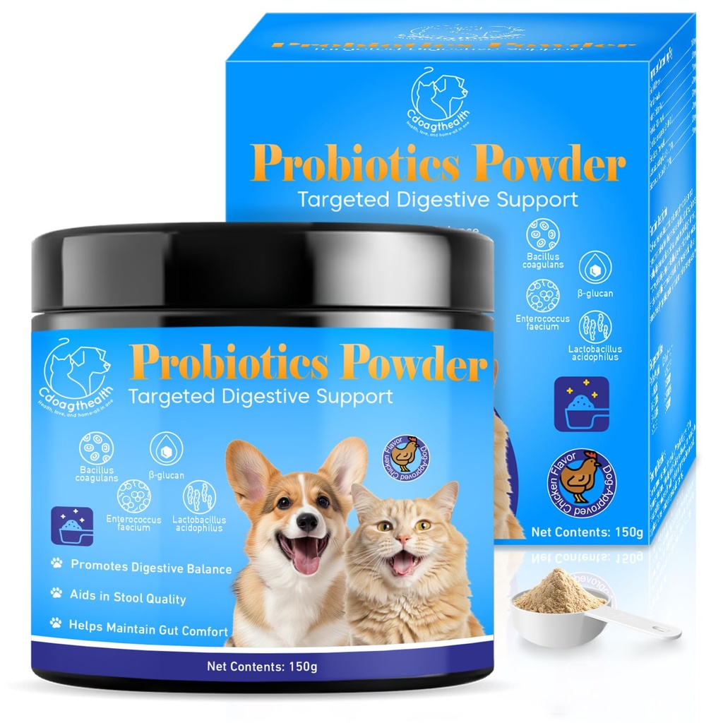 Probiotic Powder for Dogs and Cats - 5-in-1 Formula Supports Gut Health, Digestion and Immune System - with Digestive Enzymes and Pumpkin - Natural Chicken Flavor, 150g