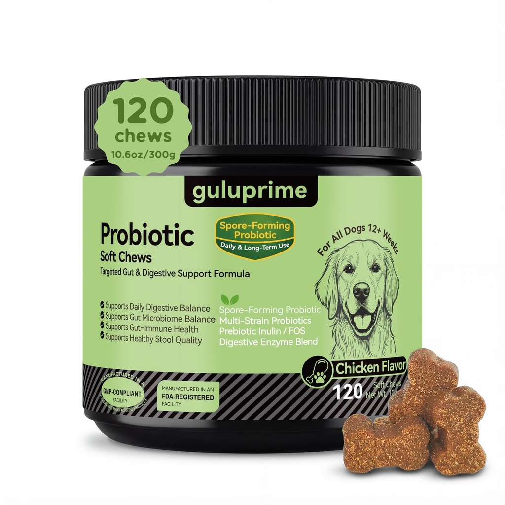 Probiotics & Prebiotics Soft Chews for Dogs–Daily Gut & Digestive Support | Spore probiotic with multi-strain Lactobacillus & prebiotic Inulin/FOS,supports gut & digestion, chicken flavor, 120 chews.