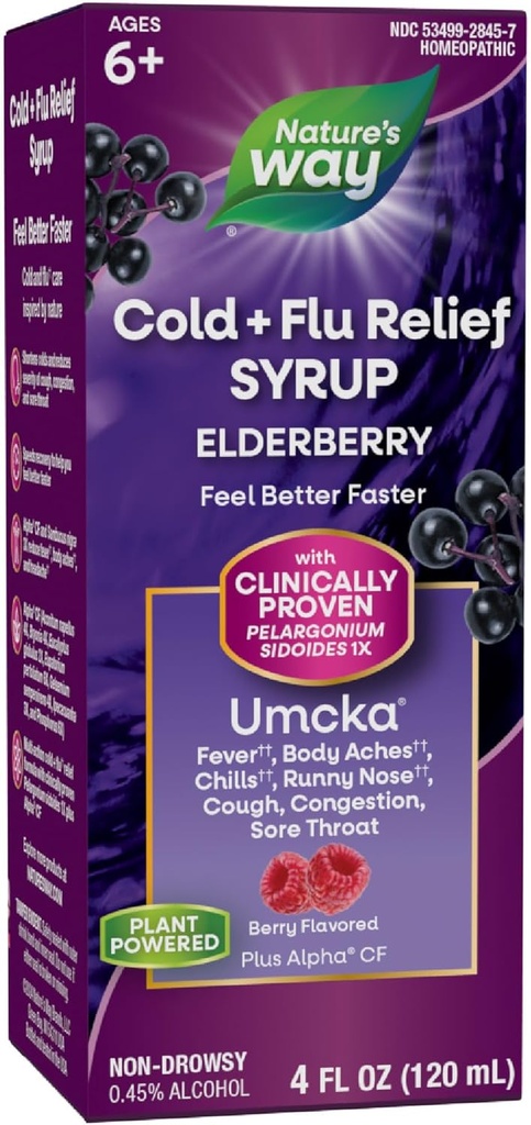 Nature's Way Cold + Flu Relief Syrup*, Umcka, Sore Throat, Cough, Congestion, Fever*, Body Aches*, Phenylephrine Free, Homeopathic, Non-Drowsy, Berry Flavored, 4 Fl Oz (Pazarlama Vary)