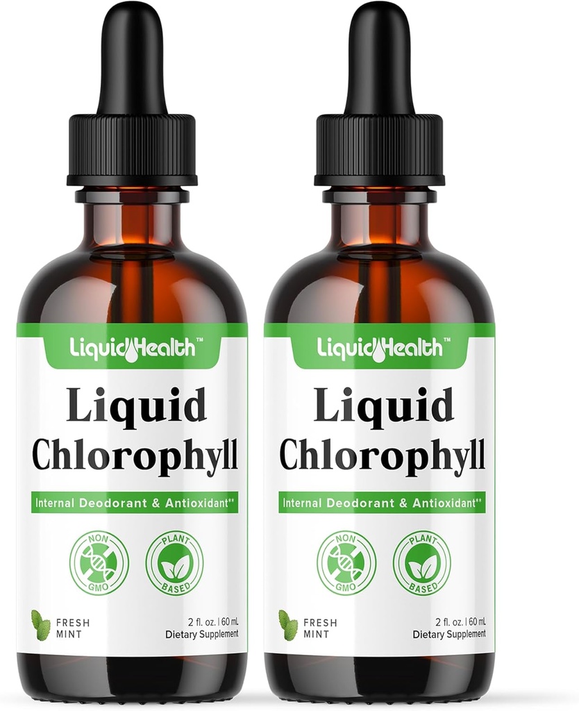 LIQUIDHEALTH Liquid Chlorophyl Drops - Εσωτερικό Αποσμητικό, Αντιοξειδωτικά, Αποτοξίνωση ήπατος, Ανοσολογική Υποστήριξη, Ανακουφίζει Κακή αναπνοή, Μειώνει την όρεξη, Κολλαγόνο για την υγεία των μαλλιών & του δέρματος - Vegan, Μη ΓΤΟ (2 Pack)