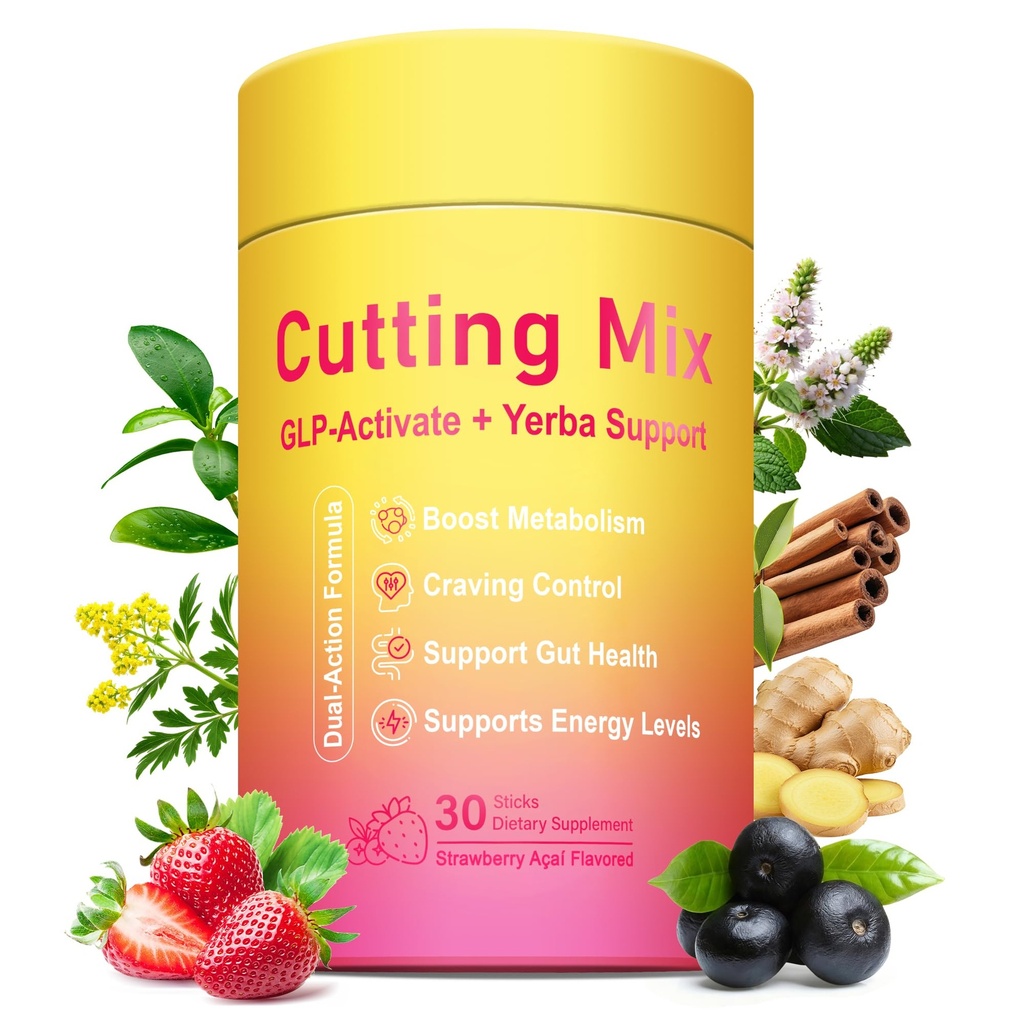 Cutting Drink Mix – GLP-1 Drink Mix with 5-HTP, Yerba Mate & Magnesium, FOS | Supports Satiety Signaling, Energy & Gut Health | Strawberry Açaí Flavor – 30 Servings