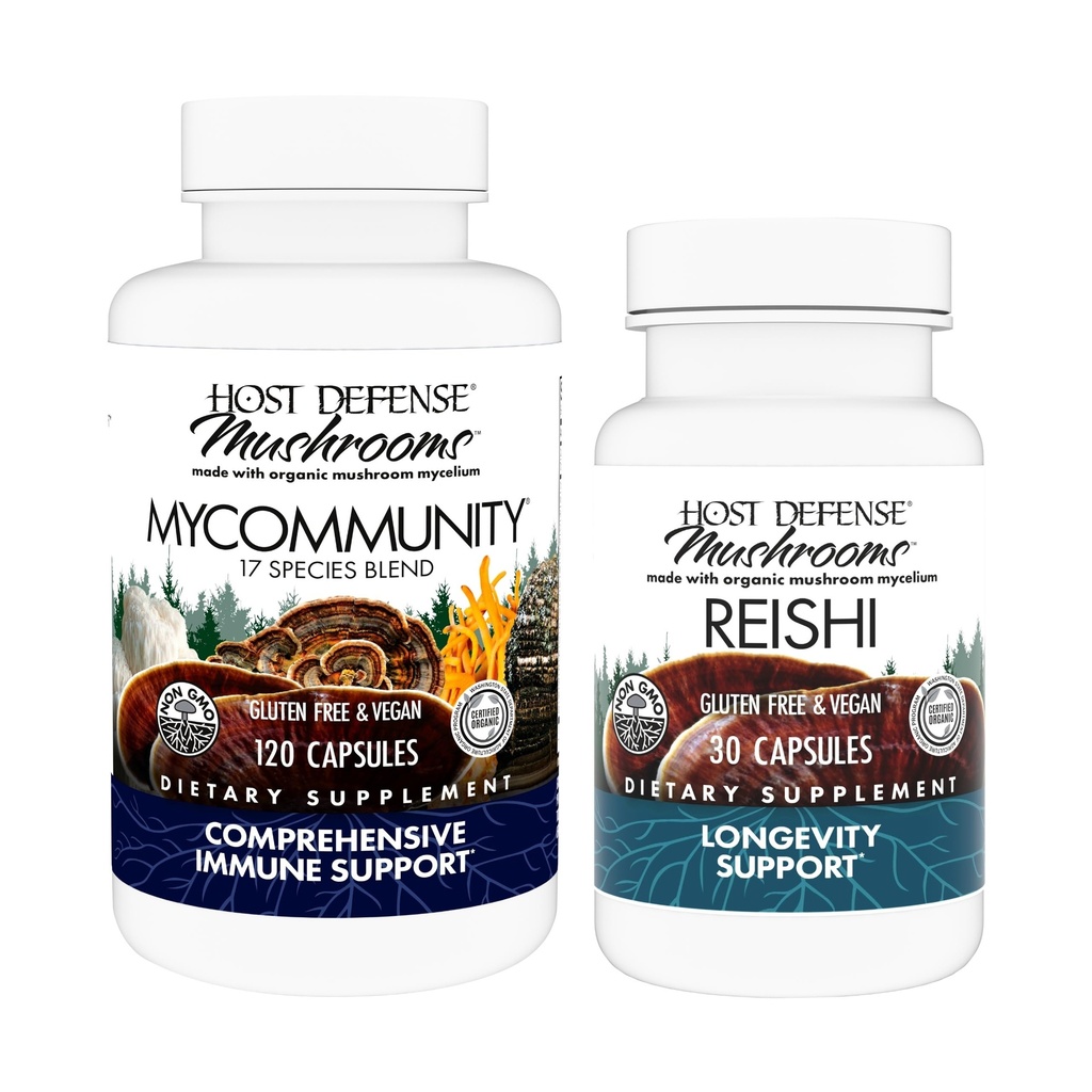 Host Defense MyCommunity Capsules, 120 Count & Reishi Capsules, 30 Count - Support Immune Health with 17 Tür Mushroom Mix - Support Brain Health, Memory & Focus*