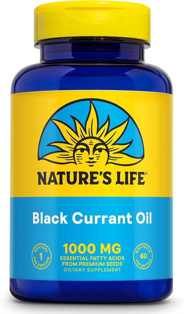 N:47'S LIFE Black Currant Seed Oil 1000 mg - Black Currant Oil, Natural Source of Omega 6 Gamma Linolenic Acid (GLA) ve Omega 3 Alpha-Linolenic Acid (ALA), 60 Günlük Garanti, 60 Hizmet, 60 Yumuşakgels