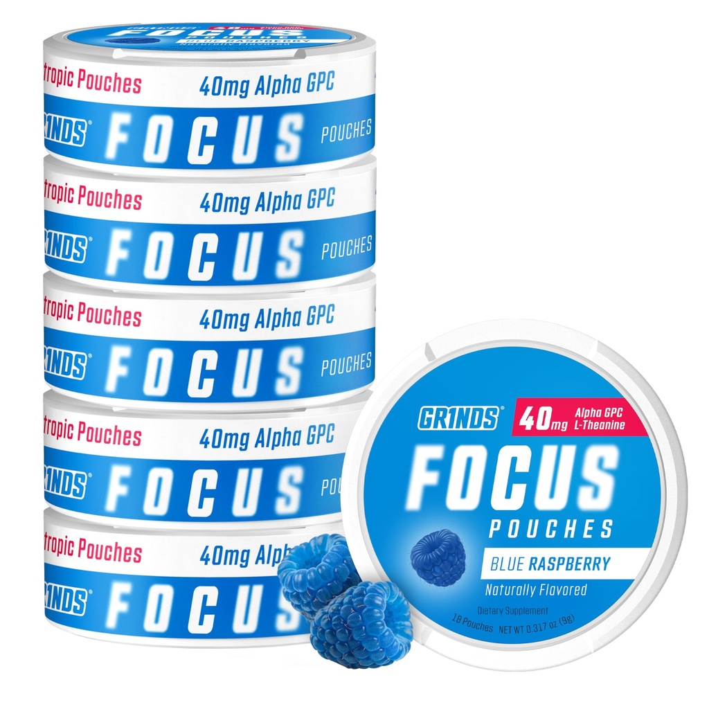 GRINDS Focus Pouches - Naturally Flavored with Nootropic Ingredients - Contains Alpha GPC and L-Theanine and, Sugar-Free - 6 Pack, 18 Pouches Per Can - Blue Raspberry