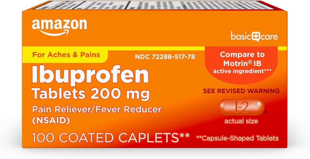 Basicισκία Βασικής Φροντίδας Ιβουπροφαίνη, 200 mg, Αναπνευστήρας του Πόνου και Πυρετός, Για Αρθρίτιδα, Οδοντόκρεμα, Οσφυαλγία και Περισσότερα, 100 Μέτρα
