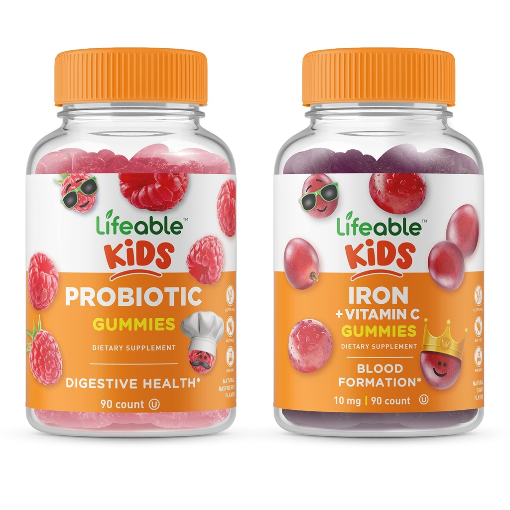 Lifeable Probiyotik 2 Milyar CFU Kids + Iron & Vitamin C Kids, Gummies Sche - Great Tasting, Vitamin Supplement, Gluten Free, GMO Free, Chewable Gummy