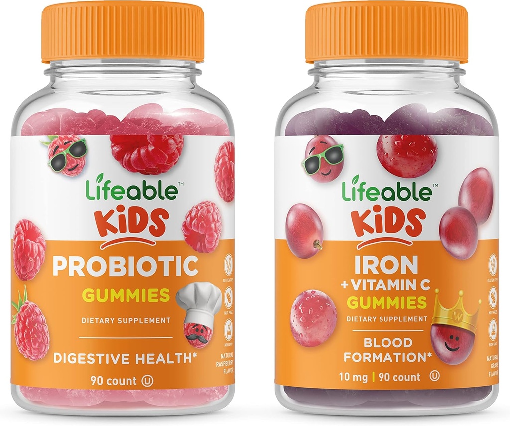 Lifeable Probiyotik 2 Milyar CFU Kids + Iron & Vitamin C Kids, Gummies Sche - Great Tasting, Vitamin Supplement, Gluten Free, GMO Free, Chewable Gummy