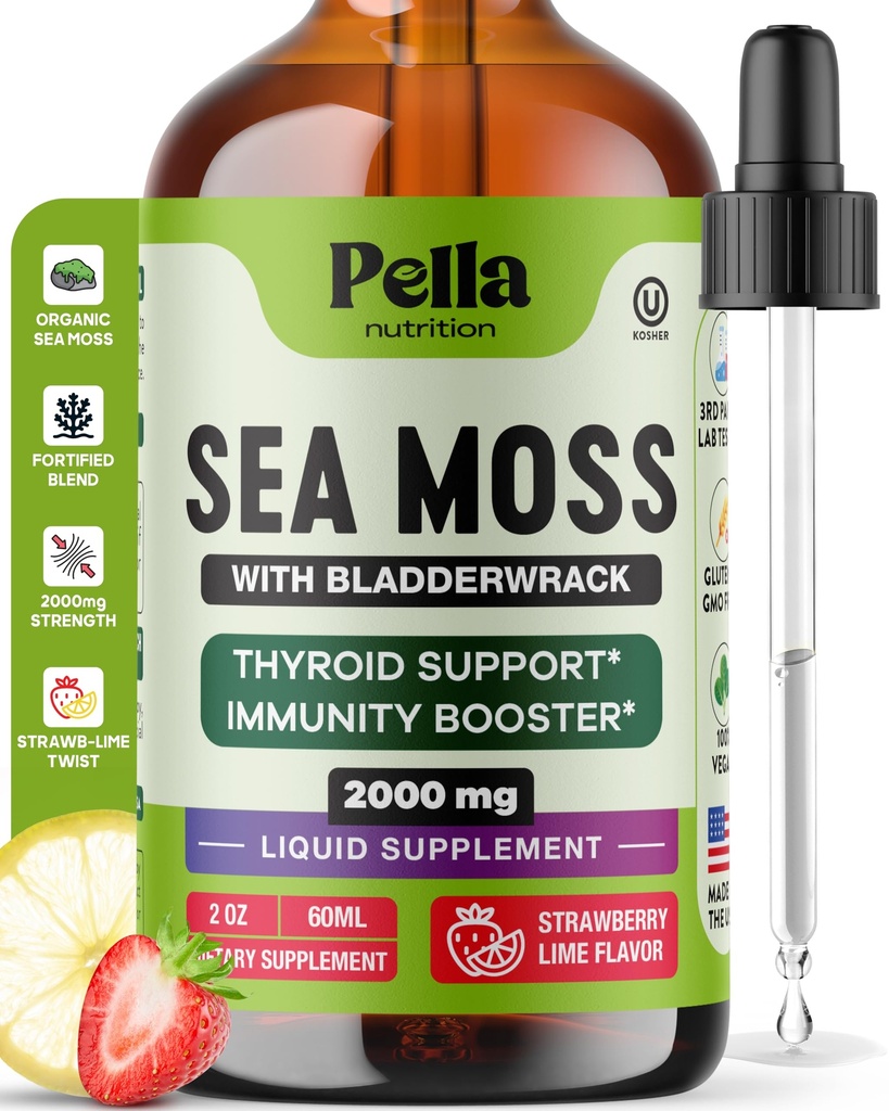 Pella Beslenme Deniz Moss, Bladderwrack ile Düşüyor – 4X İrlanda Denizi'nden Daha Hızlı Az, Gummies ve Capsules – Digestive & Immune Support Supplement (Strawberry Lime, 60mL)