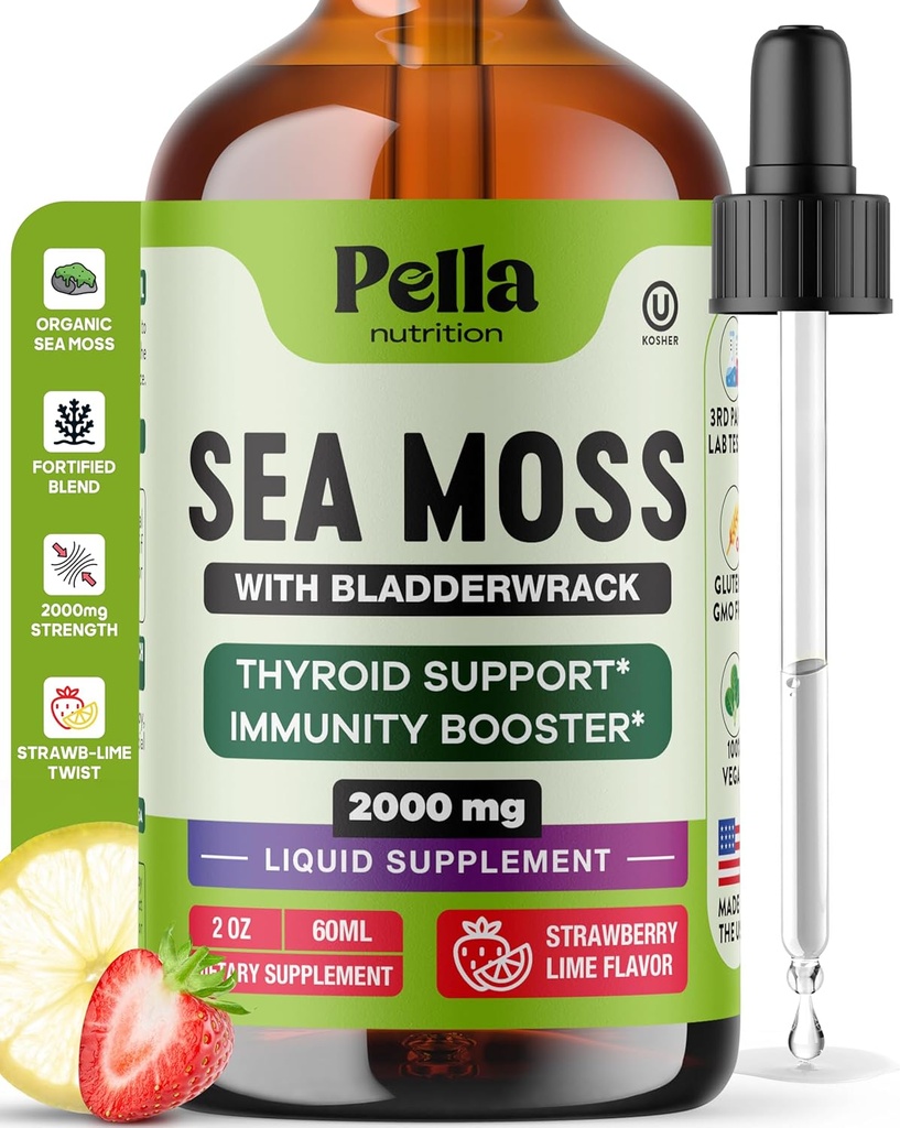 Pella Nutrition Sea Moss Drops with Bladderwrack – 4X Γρηγορότερη απορρόφηση Than Irish Sea Moss Gel Superfood, Gummies, και κάψουλες – Digestive & ανοσοποιητικό συμπλήρωμα υποστήριξης (Strawberry Lime, 60mL)